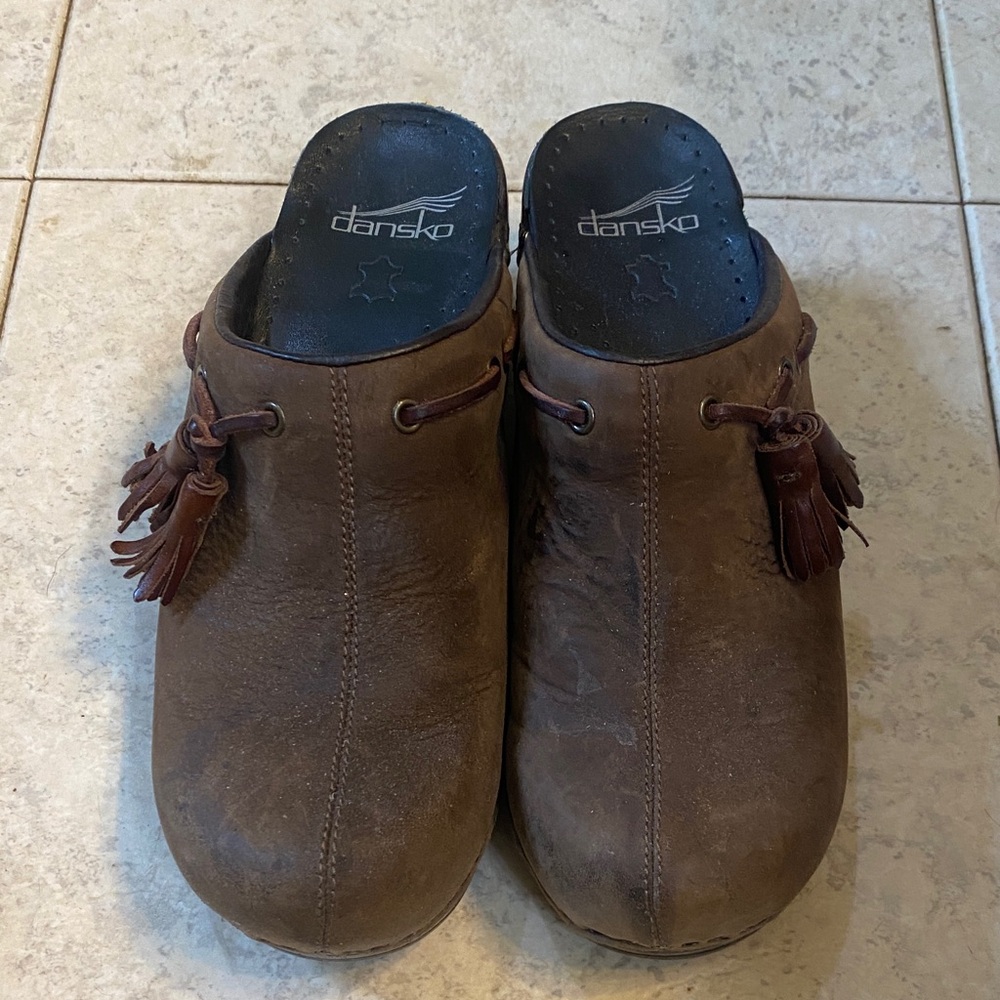 Dansko Brown Leather Mules with Tassel